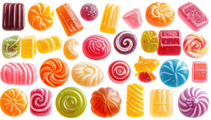 Colorful assortment of chewy, gelatinous candies on black