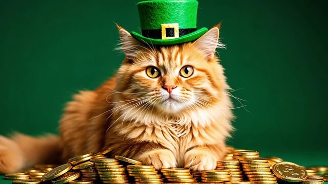 Ginger cat wearing a green leprechaun hat, sitting on a pile of shiny gold coins, representing St. Patrick's Day celebration