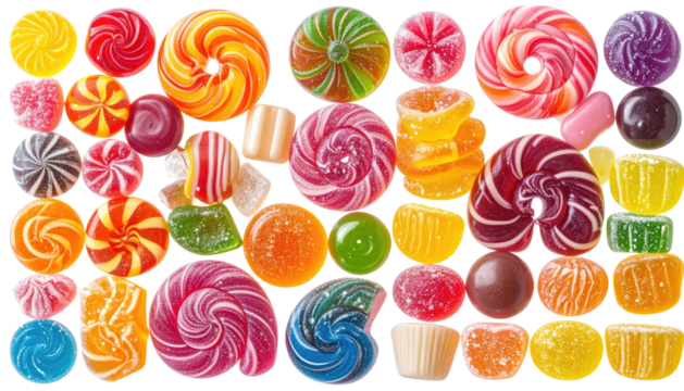 Colorful assortment of candies, swirls, jelly, and drops, overhead