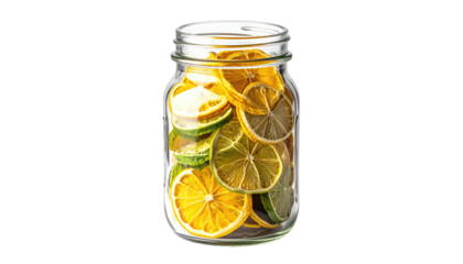 Dried citrus slices fill a glass mason jar, warmly lit