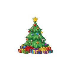 A festive cartoon Christmas tree decorated with ornaments and surrounded by colorful wrapped presents.