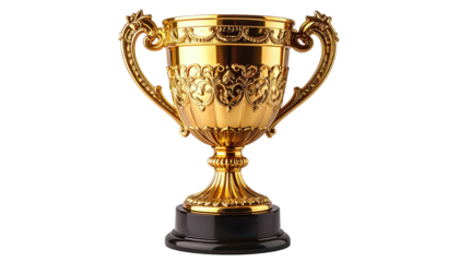 Ornate, gilded trophy with intricate designs on black base