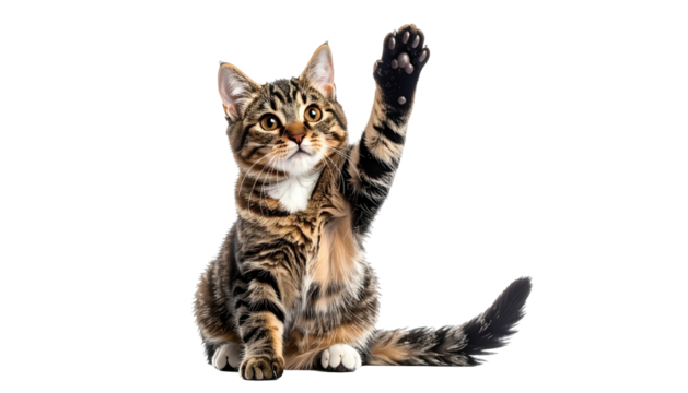 Striped tabby cat raises paw, isolated against a black background