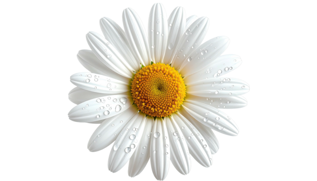 Daisy portrait with water droplets, centered on black field