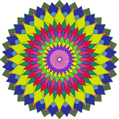 Vibrant Geometric Mandala Pattern with Radial Symmetry and Colorful Layers