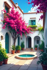 Naklejka premium Sun drenched Andalusian courtyard with vibrant bougainvillea and terracotta pots. An empty, sun drenched Andalusian courtyard. Vibrant pink bougainvillea cascades down whitewashed walls. Terracotta
