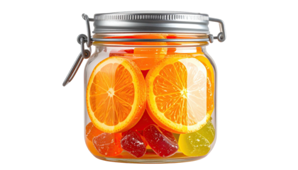 Jar filled with candied fruit and fresh orange slices, bright