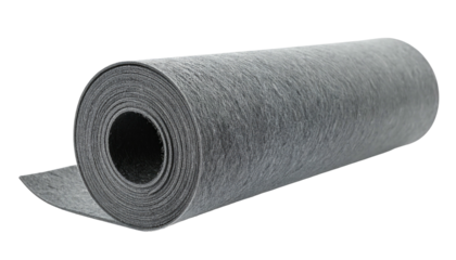 Gray fabric roll, unraveled end. Isolated on a black background