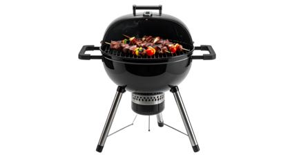 Black, dome-lidded grill with shish kebabs and smoke visible