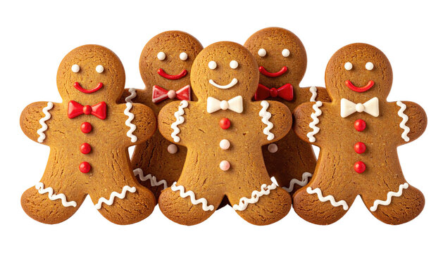 Smiling gingerbread people with bow ties, grouped together