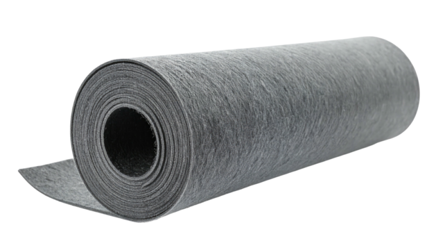 Gray fabric roll, unraveled end. Isolated on a black background