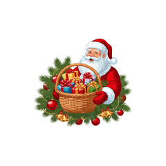 Santa Claus holding a basket filled with colorful wrapped Christmas presents, smiling.