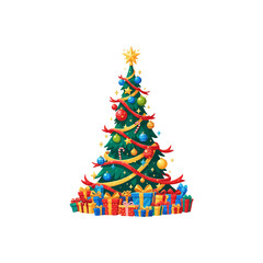 Decorated Christmas tree with a golden star on top, adorned with colorful ornaments, ribbon, and presents underneath.