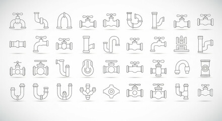 Outline illustration of various plumbing pipe and valve icons arranged neatly in a grid pattern against a bright white background, conveying a technical and informative