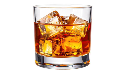 Whiskey and ice cubes in clear, short glass isolated on black
