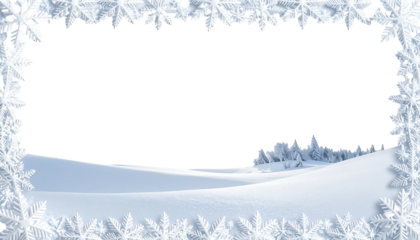 Snowy scene framed by snowflakes. Center is blank/black