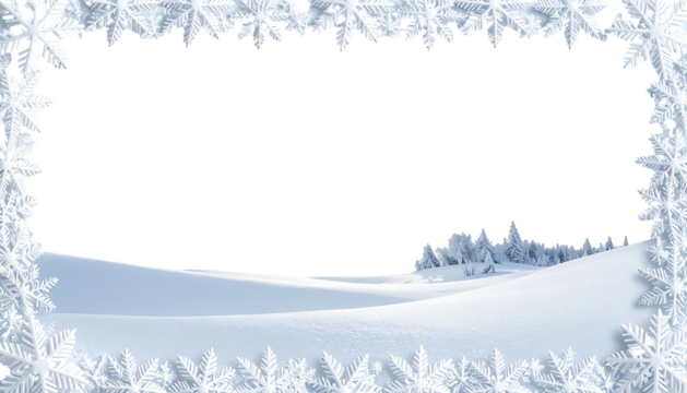Snowy scene framed by snowflakes. Center is blank/black