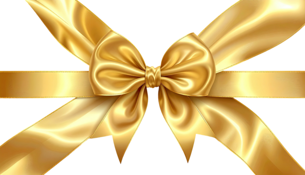 Shiny, golden ribbon bow with symmetrical crossed tails