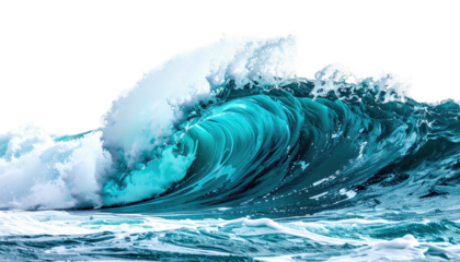 Aqua ocean wave cresting, white foam, black background