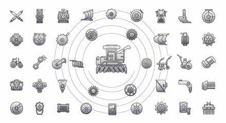 Overhead shot of a vintage-style harvester illustration surrounded by related icons, presented in monochrome against a clean white backdrop.