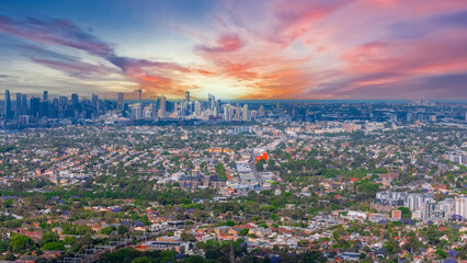 Panorama aerial drone view of western Sydney Suburbs of Canterbury Burwood Ashfield Marrickville Campsie with Houses roads and parks in Sydney New South Wales NSW Australia