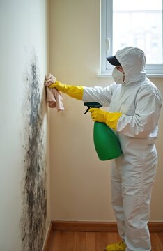 Person in protective suit cleans mold from wall with spray and cloth. Pro cleaner works on mold removal in damp room, preventing health issues. Home hygiene service.