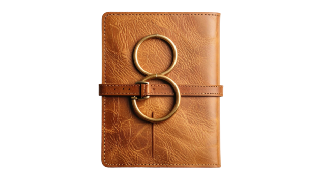 Tan notebook with metal rings and belt closure