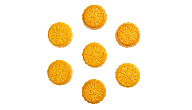 Seven yellow, patterned, round sweets arranged in a circle