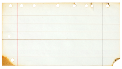 Stained, ripped, ruled page, hole-punched