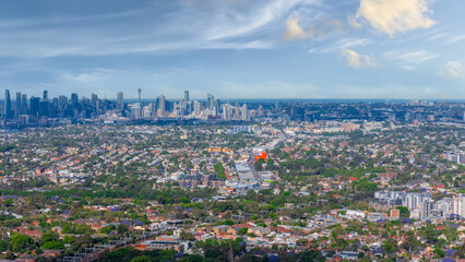 Fototapeta premium Panorama aerial drone view of western Sydney Suburbs of Canterbury Burwood Ashfield Marrickville Campsie with Houses roads and parks in Sydney New South Wales NSW Australia
