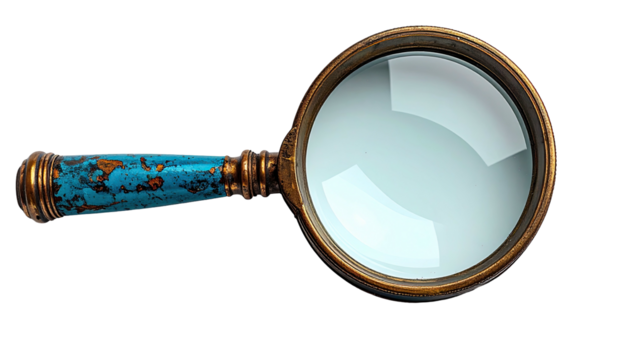 Ornate magnifying glass with patinated handle on black background