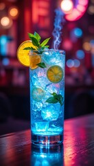 A glass filled with gin and tonic, garnished with lemon, ice cubes, and mint leaves. For advertising, bars, banners, and calendars