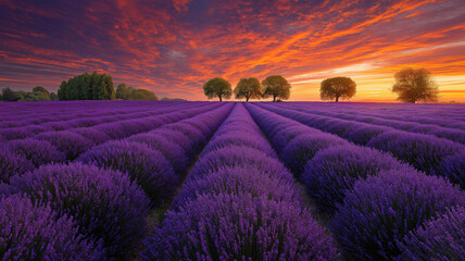 Vibrant sunset over a field of purple lavender with trees