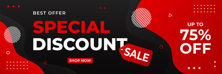 Special Discount sale banner design, modern red and black wave background with geometric shapes, up to 75% off, suitable for sales promotion, marketing ads, e-commerce, social media, web and headers