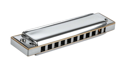 Silver harmonica with dark holes against black backdrop