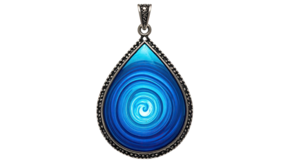 Teardrop pendant with swirling blue design on black background