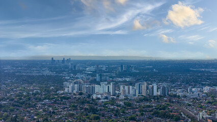 Naklejka premium Panorama aerial drone view of western Sydney Suburbs of Canterbury Burwood Ashfield Marrickville Campsie with Houses roads and parks in Sydney New South Wales NSW Australia