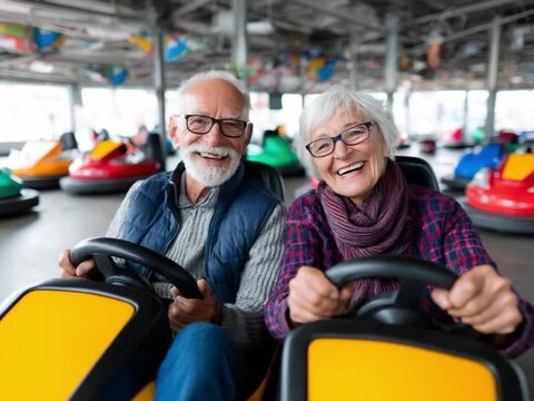Golden Years Amusement: A happy senior couple enjoys a playful bumper car ride, their laughter echoing through the amusement park.