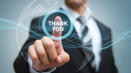 Man pressing thank you button on virtual interface