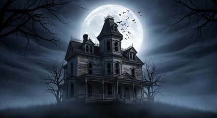 A spooky haunted mansion under a bright full moon surrounded by leafless trees