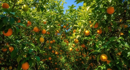 Lush orange and lemon trees in a vibrant orchard under clear blue sky