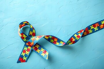 A vibrant autism awareness ribbon made of colorful puzzle pieces is elegantly draped across a textured blue background symbolizing support and understanding for individuals on the autism spectrum