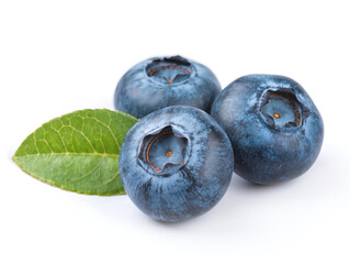 Fototapeta premium Blueberry isolated. Blueberry with leaves on white. Bilberry on white background. Full depth of field.