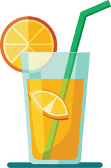 Refreshing summer citrus drinks: fresh orange juice with a lemon slice, ice, and a straw in a glass