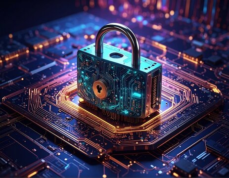 Glowing digital padlock atop intricate circuit board, data security theme