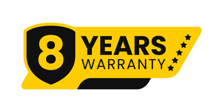 Modern 8 years warranty badge vector design in yellow and black with shield. Guarantee label icon logo for product packaging, advertisement, and marketing use