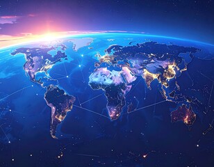 Illuminated Earth at night, showing connected city lights, with sunrise