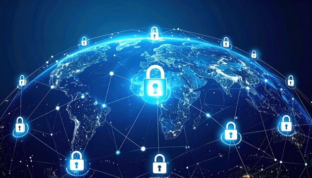 Illuminated globe with digital padlocks interconnected by glowing lines