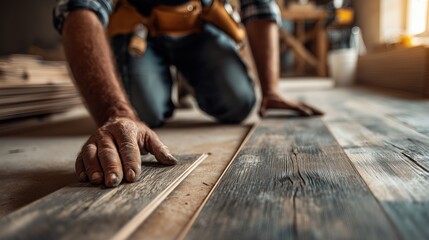 Skilled Craftsman Working on Wooden Floor Installation with Careful Attention to Detail