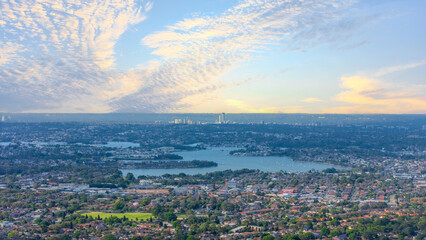 Panorama aerial drone view of western Sydney Suburbs of Canterbury Burwood Ashfield Marrickville Campsie with Houses roads and parks in Sydney New South Wales NSW Australia